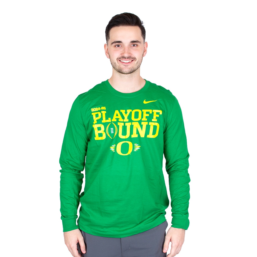 Classic Oregon O, Nike, Green, Long Sleeve, Men, Unisex, Football, Postseason, Round 1, Playoff Bound, T-Shirt, 913861